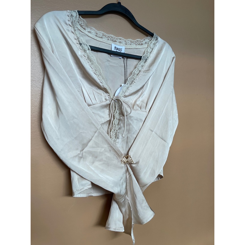 Princess Polly Cream Satin Lace Trim Tie Front Bell Sleeve Cropped Blouse US 4